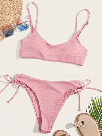 ピンク女性用ビキニ水着 ピンク レースアップ 夏用ビーチ水着