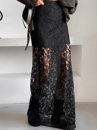 Jupe taille haute en dentelle noire transparente ajourée