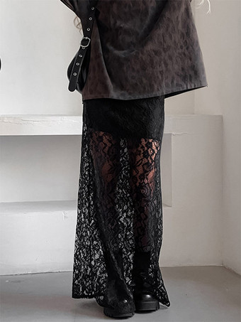 Jupe taille haute en dentelle noire transparente ajourée