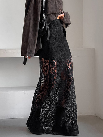 Jupe taille haute en dentelle noire transparente ajourée