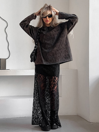 Jupe taille haute en dentelle noire transparente ajourée