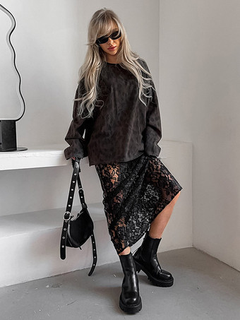 Jupe taille haute en dentelle noire transparente ajourée