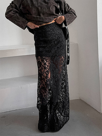 noir Jupe taille haute en dentelle noire transparente ajourée