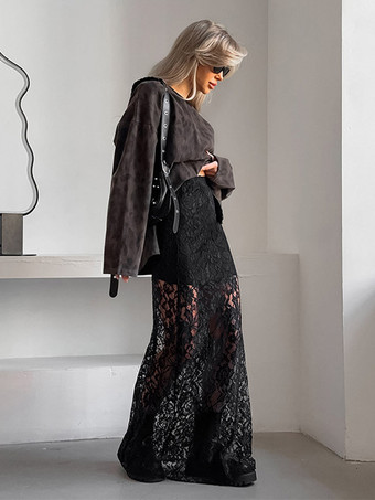 Jupe taille haute en dentelle noire transparente ajourée