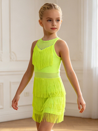 ラテンダンス衣装 ピーチ色 女の子用 ポリエステル製ドレス エレガントなフリンジ付き ラテンダンサー用ダンスウェア