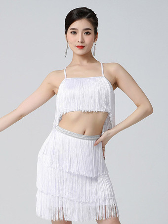 ホワイト ラテンドレス ホワイト 女の子用 ポリエステル フリンジ付き バッククロスストラップ ラテンダンサー ダンスコスチューム