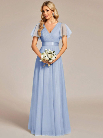 Bleu ClairRobe de demoiselle d'honneur en tulle coupe trapèze longueur au sol robe de cortège nuptial