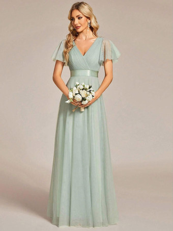 Pastel vertRobe de demoiselle d'honneur en tulle coupe trapèze longueur au sol robe de cortège nuptial