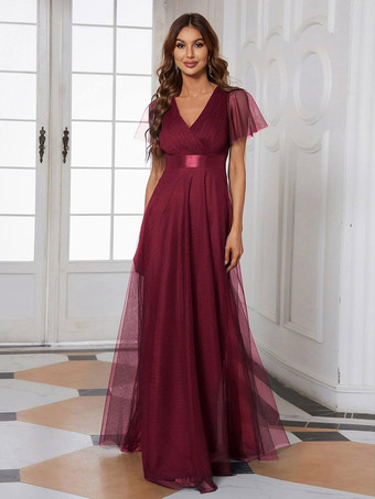 Bordeaux Robe de demoiselle d'honneur en tulle coupe trapèze longueur au sol robe de cortège nuptial