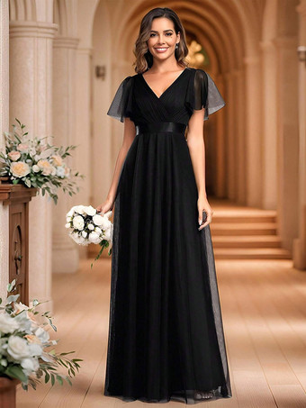 NoirRobe de demoiselle d'honneur en tulle coupe trapèze longueur au sol robe de cortège nuptial
