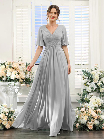 Gris clair Robe de demoiselle d'honneur en mousseline coupe trapèze longueur au sol pour mariage