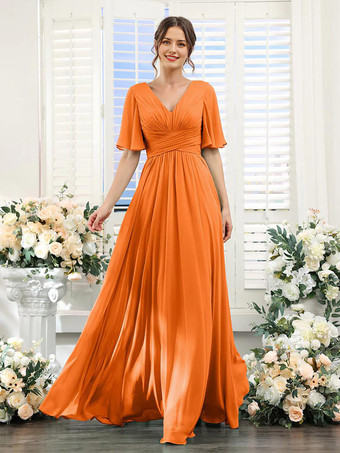 Orange Robe de demoiselle d'honneur en mousseline coupe trapèze longueur au sol pour mariage
