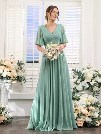 vert clair Robe de demoiselle d'honneur en mousseline coupe trapèze longueur au sol pour mariage