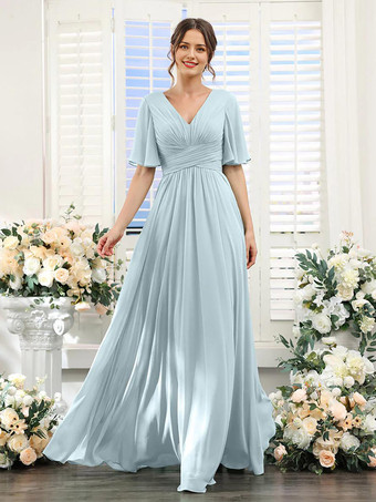 Bleu Ciel ClairRobe de demoiselle d'honneur en mousseline coupe trapèze longueur au sol pour mariage
