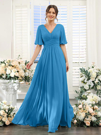 Bleu océanRobe de demoiselle d'honneur en mousseline coupe trapèze longueur au sol pour mariage