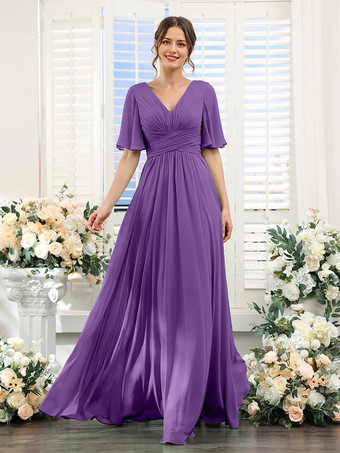violet Robe de demoiselle d'honneur en mousseline coupe trapèze longueur au sol pour mariage