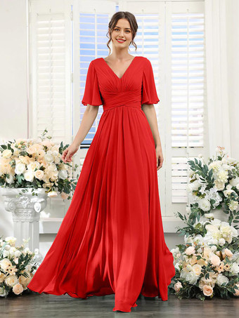 Rouge Robe de demoiselle d'honneur en mousseline coupe trapèze longueur au sol pour mariage