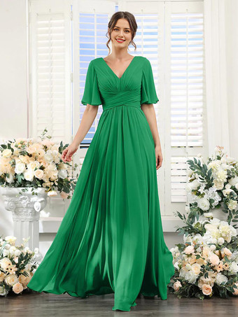 Vert Robe de demoiselle d'honneur en mousseline coupe trapèze longueur au sol pour mariage