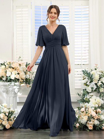 Bleu MarineRobe de demoiselle d'honneur en mousseline coupe trapèze longueur au sol pour mariage
