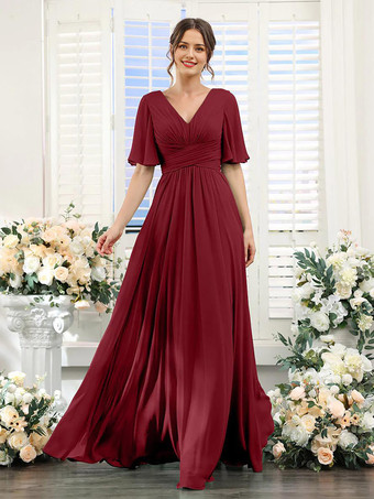Bordeaux Robe de demoiselle d'honneur en mousseline coupe trapèze longueur au sol pour mariage
