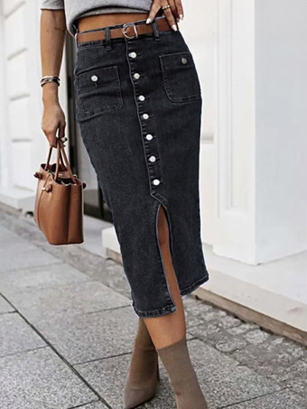 noir Jupes en denim gris style décontracté d'été longueur mi-mollet bas pour femmes