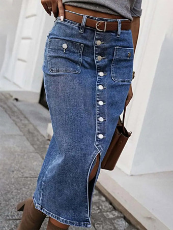 Jupes en denim gris style décontracté d'été longueur mi-mollet bas pour femmes