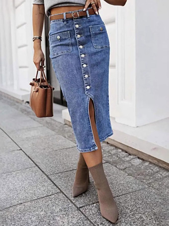 Jupes en denim gris style décontracté d'été longueur mi-mollet bas pour femmes