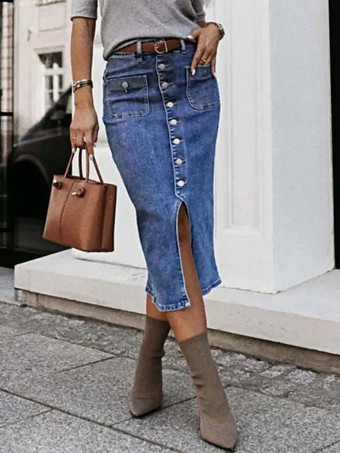 bleu Jupes en denim gris style décontracté d'été longueur mi-mollet bas pour femmes
