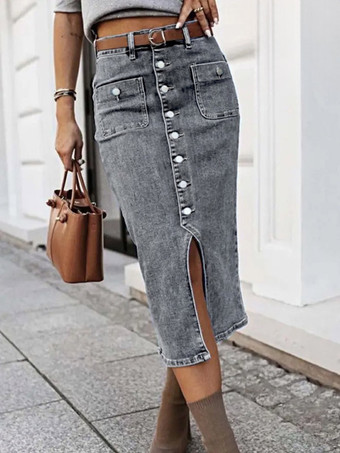 GrisJupes en denim gris style décontracté d'été longueur mi-mollet bas pour femmes