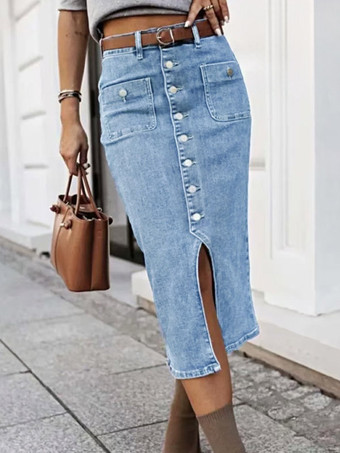 bleu ciel clairJupes en denim gris style décontracté d'été longueur mi-mollet bas pour femmes