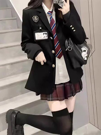 ブラック 日本のスクールユニフォーム ロリータ JK セット 黒チェック柄長袖コート プリーツスカート
