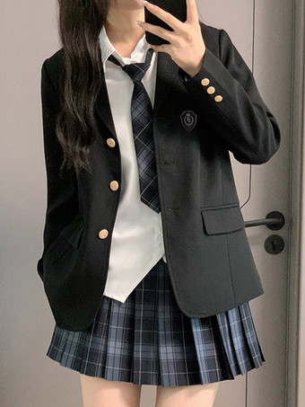 ダークネイビー日本のスクールユニフォーム ロリータ JK セット 黒チェック柄長袖コート プリーツスカート