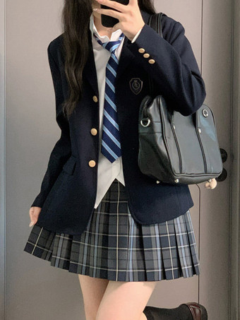 ダークグレー 日本のスクールユニフォーム ロリータ JK セット 黒チェック柄長袖コート プリーツスカート