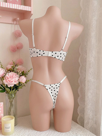 Ensemble soutien-gorge et culotte blancs en dentelle à pois deux pièces.