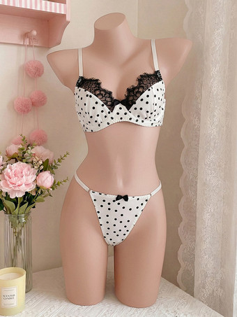 Ensemble soutien-gorge et culotte blancs en dentelle à pois deux pièces.