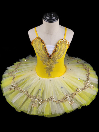 JauneRobe de ballet violette pour fille ornée de dentelle et de sequins idéale pour les spectacles.