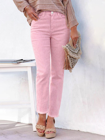 rose Jeans femme coupe droite style décontracté en denim.