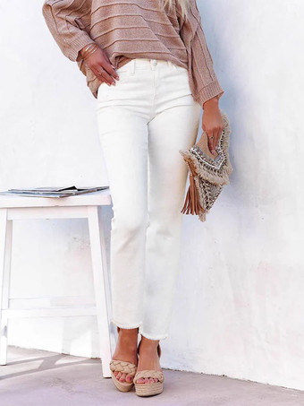 blanc Jeans femme coupe droite style décontracté en denim.