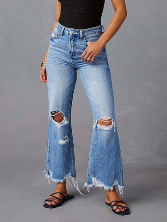 bleu Bas de jeans sexy et décontractés à franges et taille haute en denim