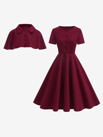 レッド ヴィンテージ1950年代ミディドレス（ケープレット付き）レディースAラインスイングスケータードレス - サマーレトロパーティ2026