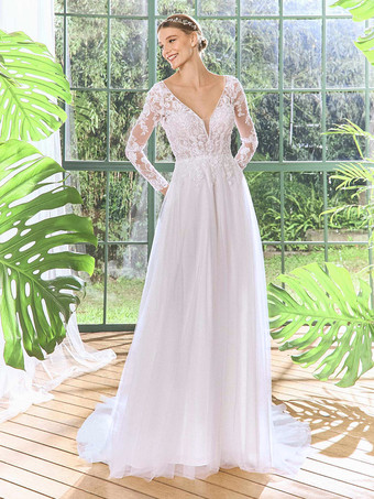 Blanc Robe de mariée en dentelle à col en V manches longues et traîne