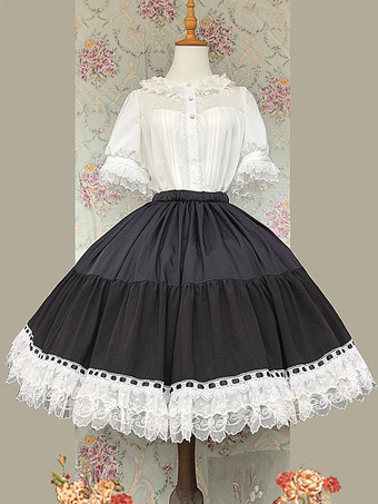 Falda midi extendida Lolita SK rosa con volantes y cordones.