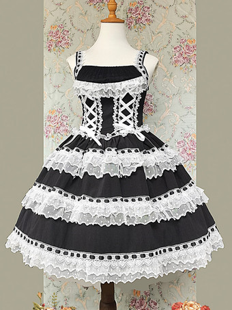 Vestido Sweet Lolita sin mangas con volantes y cordones vestido negro