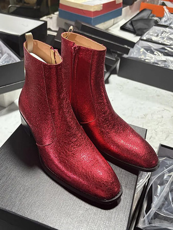Bottines à paillettes en cuir véritable bout rond talon épais