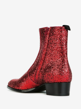 Bottines à paillettes en cuir véritable bout rond talon épais