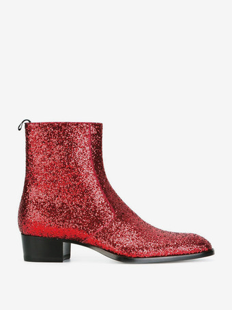 Bottines à paillettes en cuir véritable bout rond talon épais