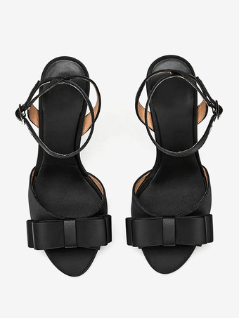 Sandales compensées en satin noir pour femmes bout ouvert ornées d'un nœud.