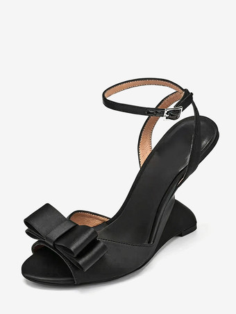 Sandales compensées en satin noir pour femmes bout ouvert ornées d'un nœud.