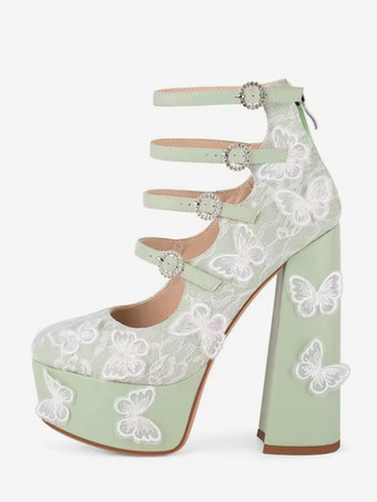 ライトグリーン レースハイヒール ブラック プラットフォーム ラウンドトゥ バタフライディテール チャンキーヒール パーティシューズ