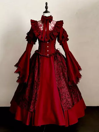 ゴシック ロリータ ドレス レース 花 ジャカード バーガンディ